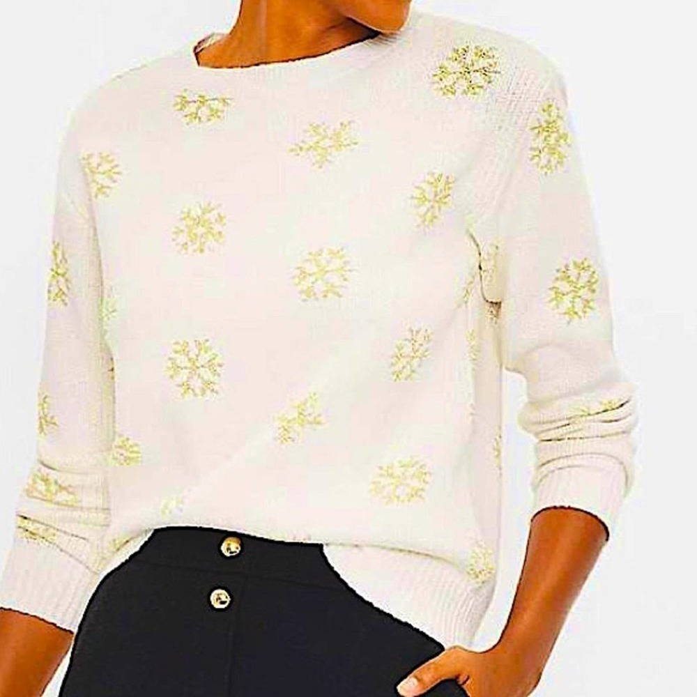 Loft Cream Gold Holiday Snowflake Sparkle crew neck sweater size small
